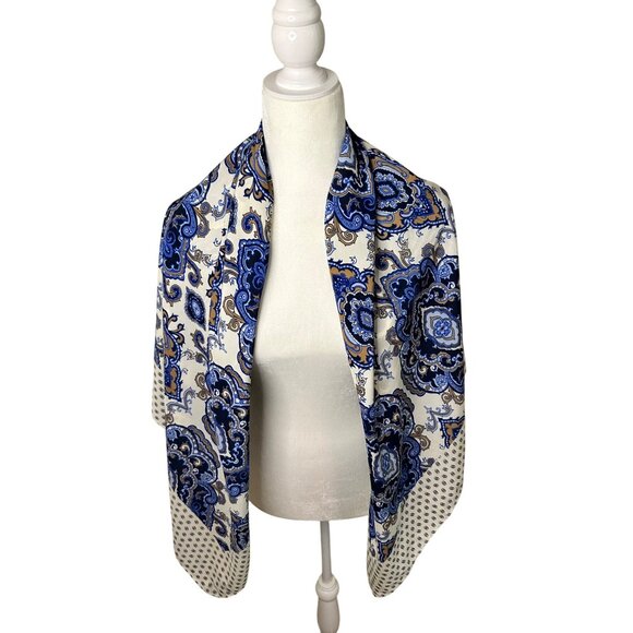 Lands End Blue & Cream Paisley Print Square  Boho Style Scarf Cape Shoulder - Picture 2 of 11